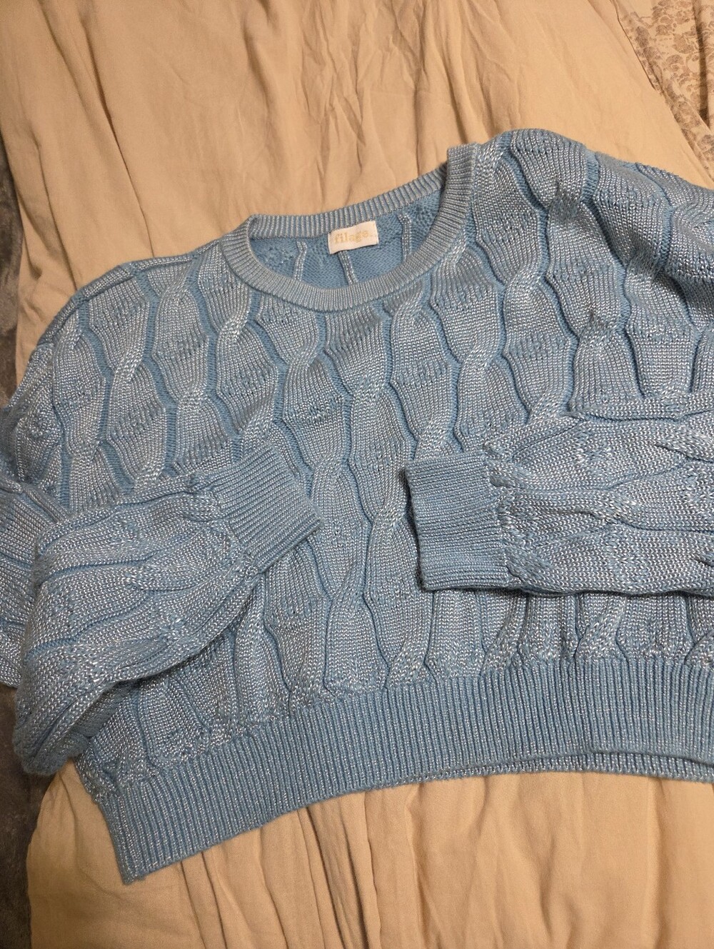 Filage Concepts Light Blue Cropped  Cable Knit Crewneck Sweater Medium EXCELLENT